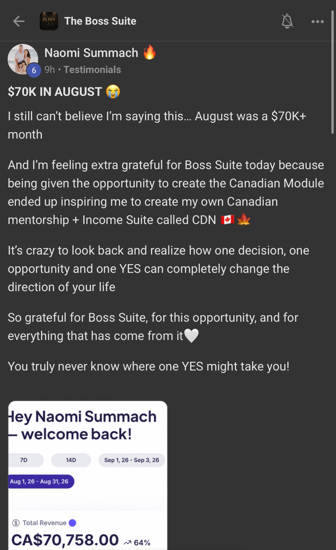 Boss Suite member Naomi Summach sharing her August revenue