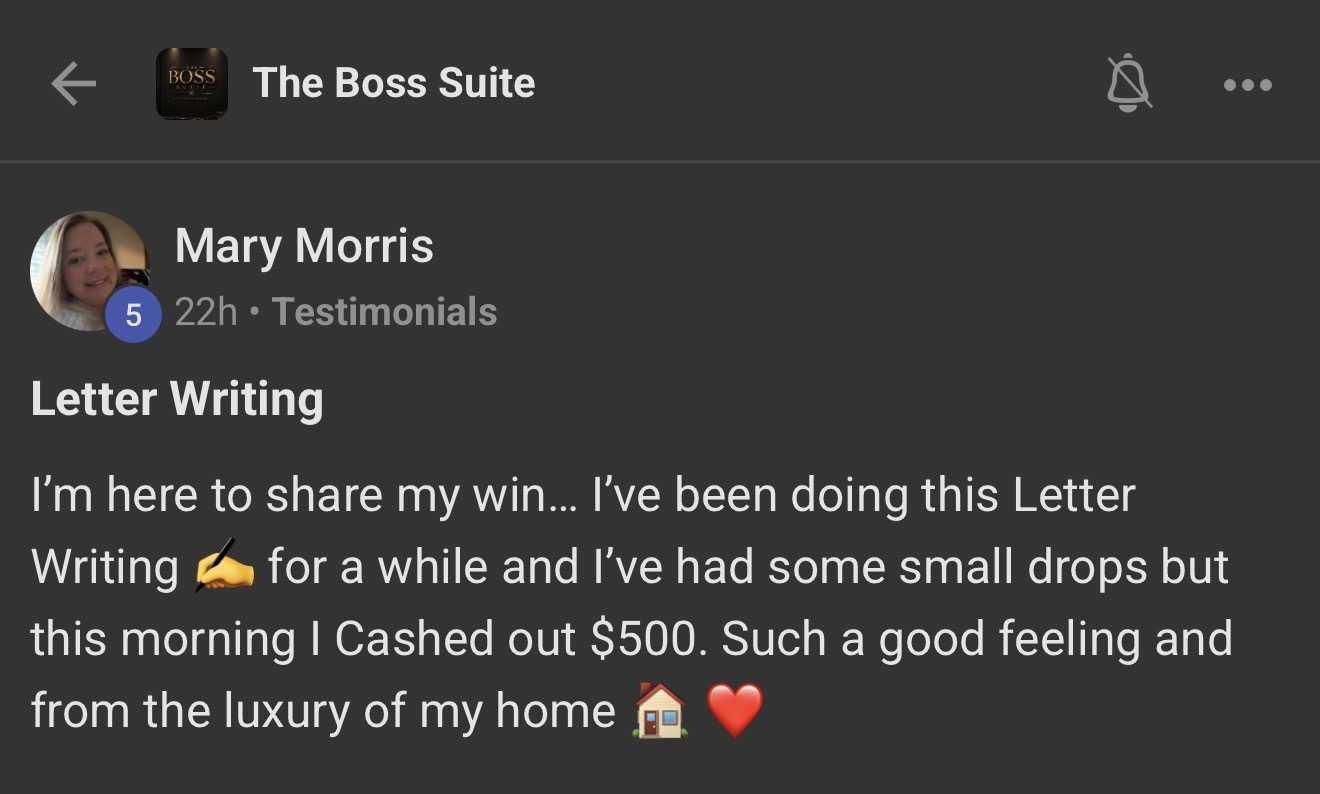 Boss Suite member Mary Morris sharing her letter writing cashout