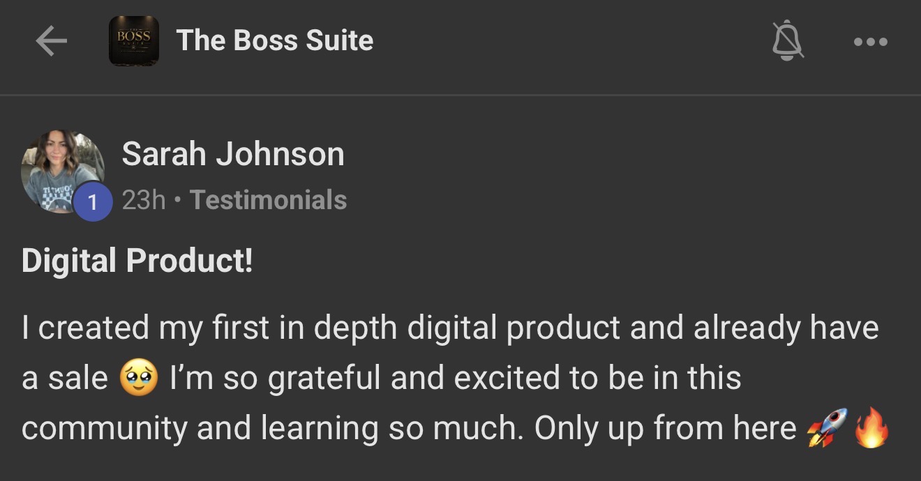 Boss Suite member Sarah Johnson celebrating her first digital product sale