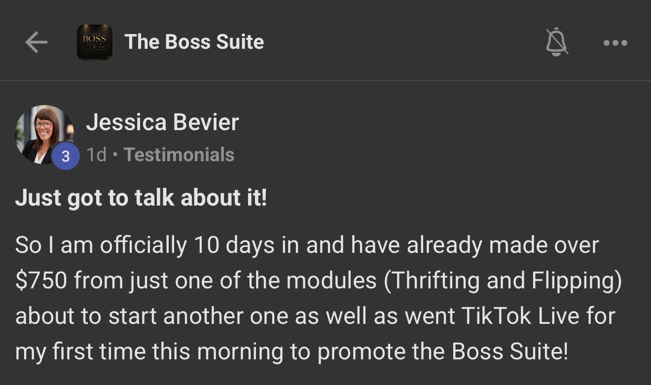 Boss Suite member Jessica Bevier sharing over $750 earned in 10 days from Thrifting and Flipping