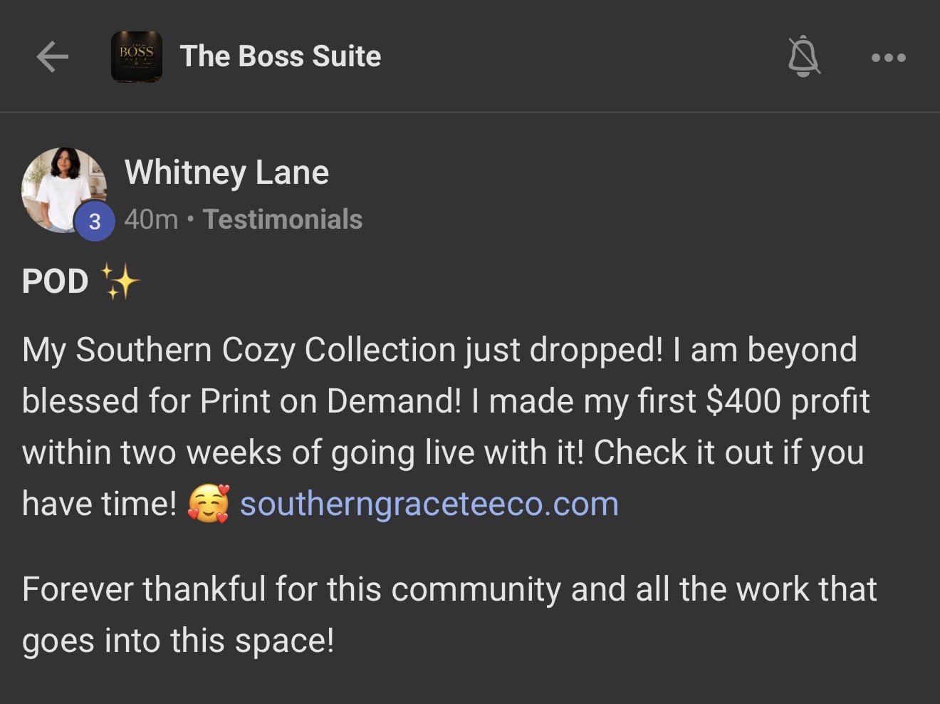Boss Suite member Whitney Lane sharing her Print on Demand win