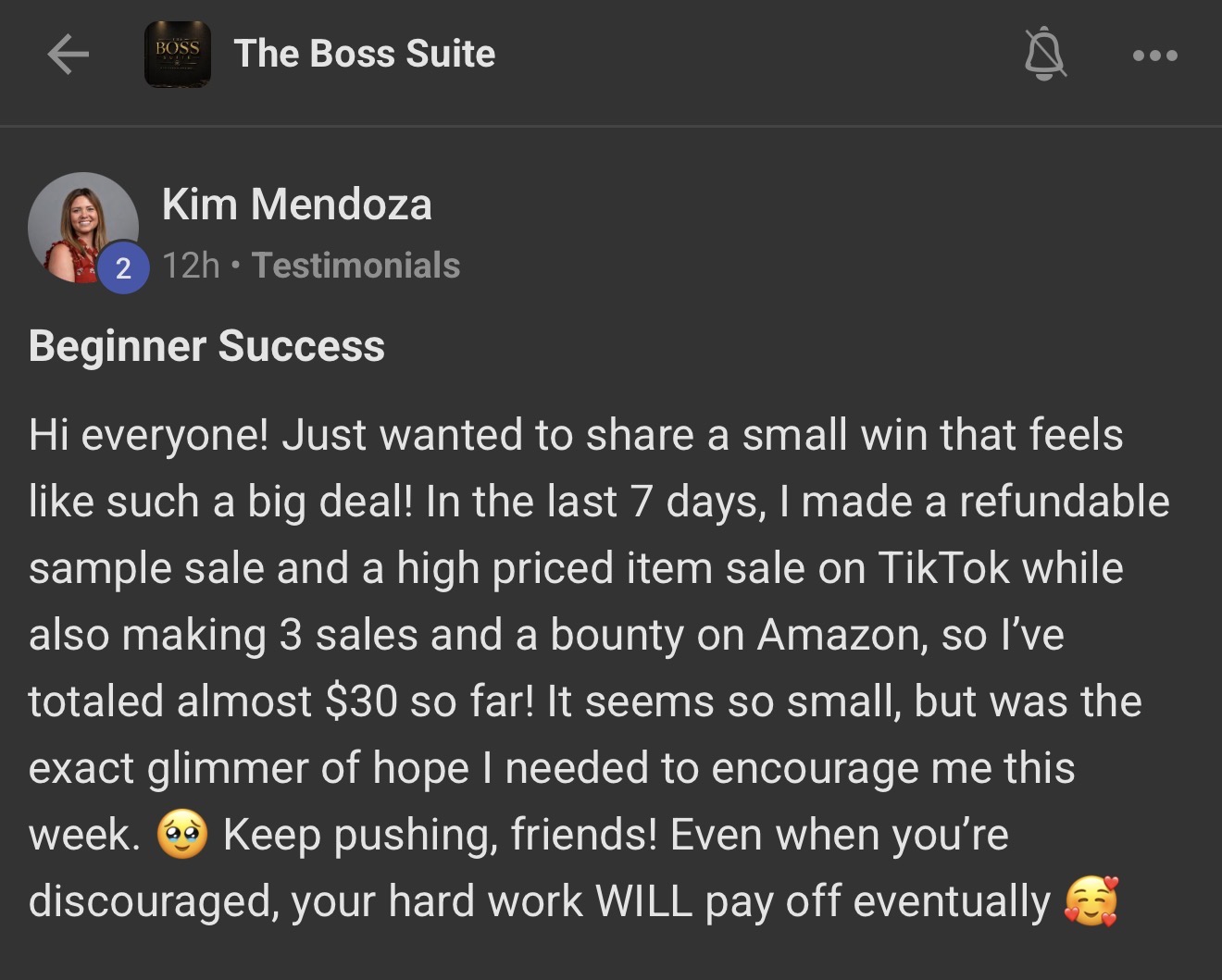 Boss Suite member Kim Mendoza sharing her beginner wins