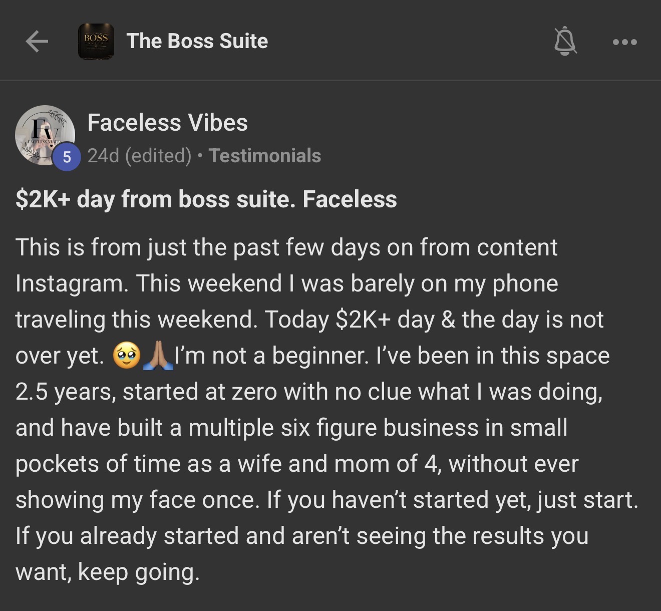 Boss Suite member Faceless Vibes sharing a $2K day from faceless Instagram content